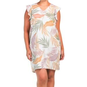 TAHARI Dress Womens 1X Cream Floral 100% Linen Preppy Coastal Beachy Resort Wear